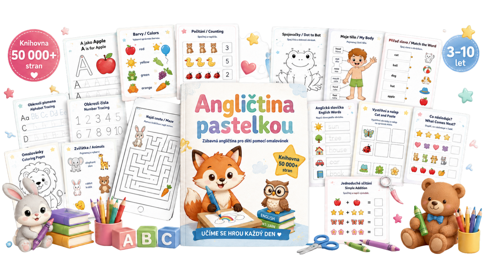 Angličtina pastelkou - 120+ pracovních listů a omalovánek pro děti 3-10 let